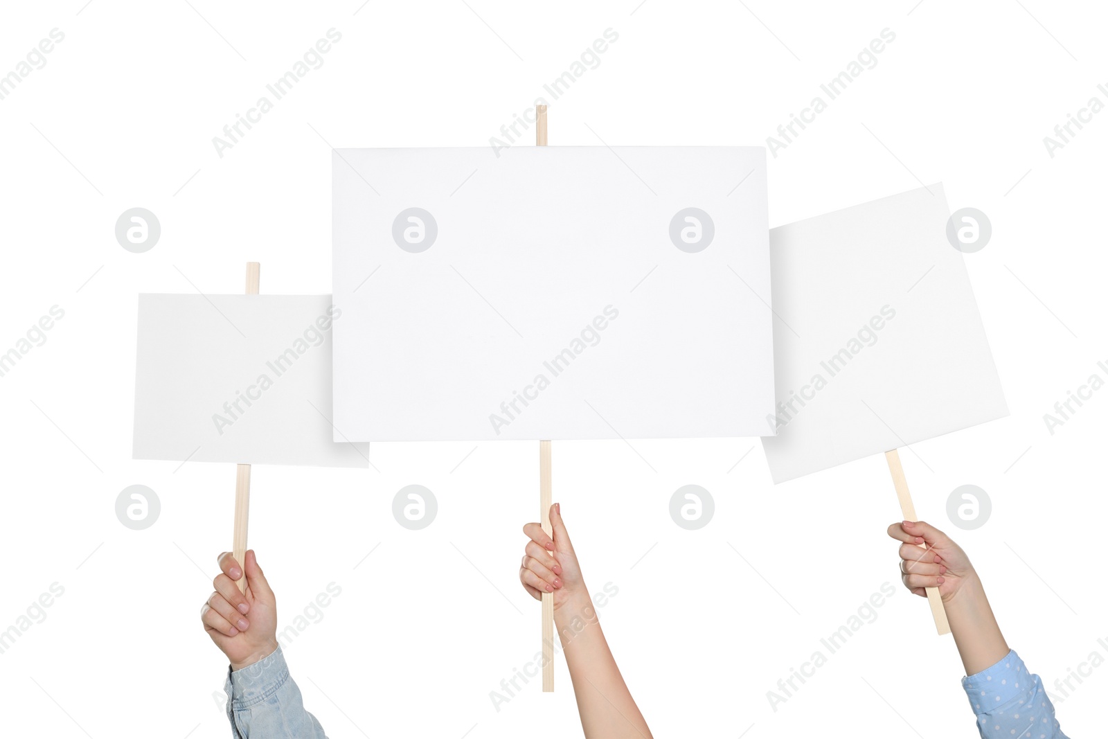 Image of Group of people holding blank protest signs on white background, closeup