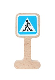 Wooden road sign isolated on white. Children's toy