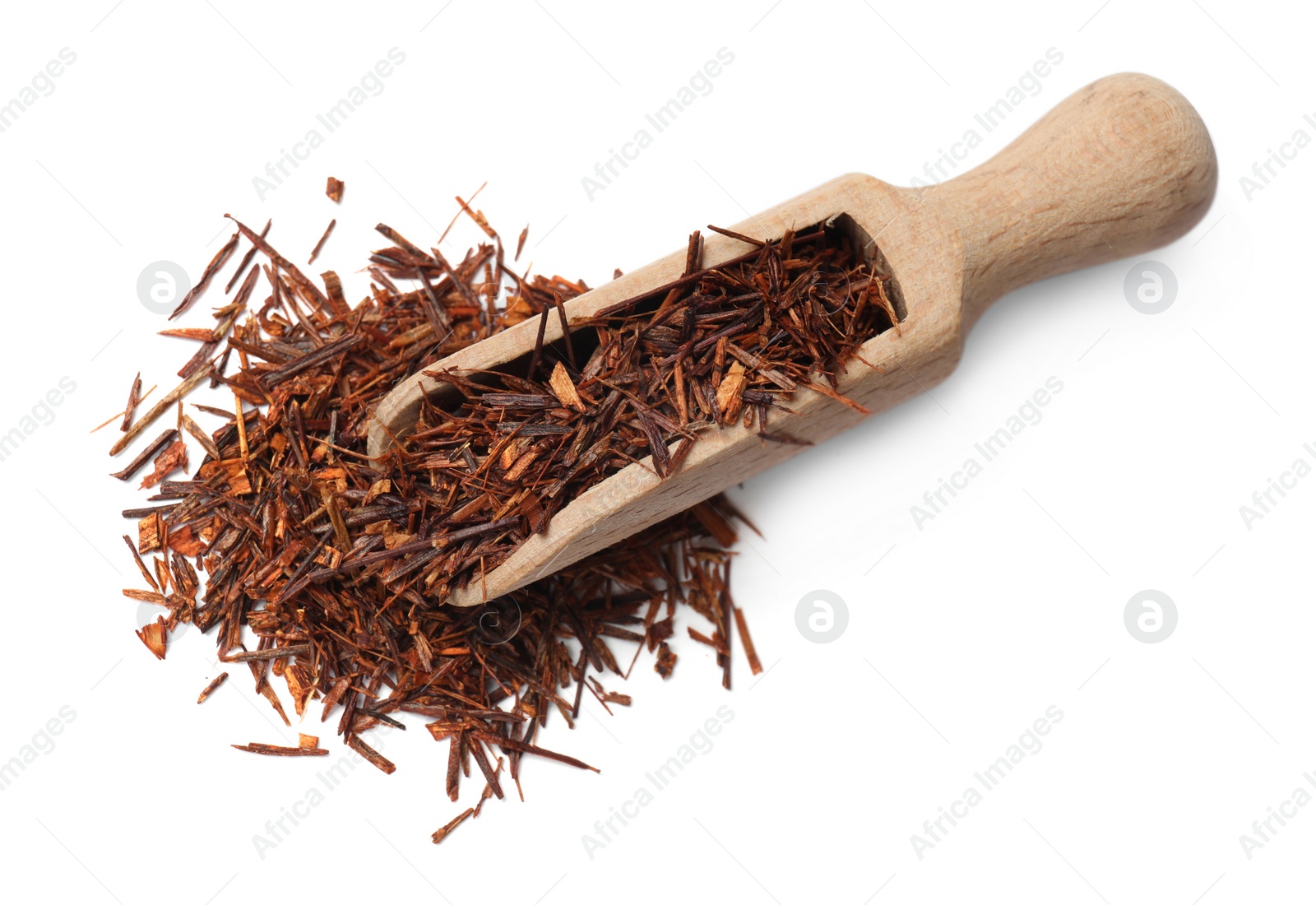 Photo of Rooibos tea and scoop isolated on white, top view