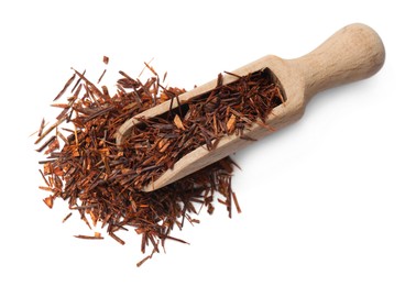 Photo of Rooibos tea and scoop isolated on white, top view