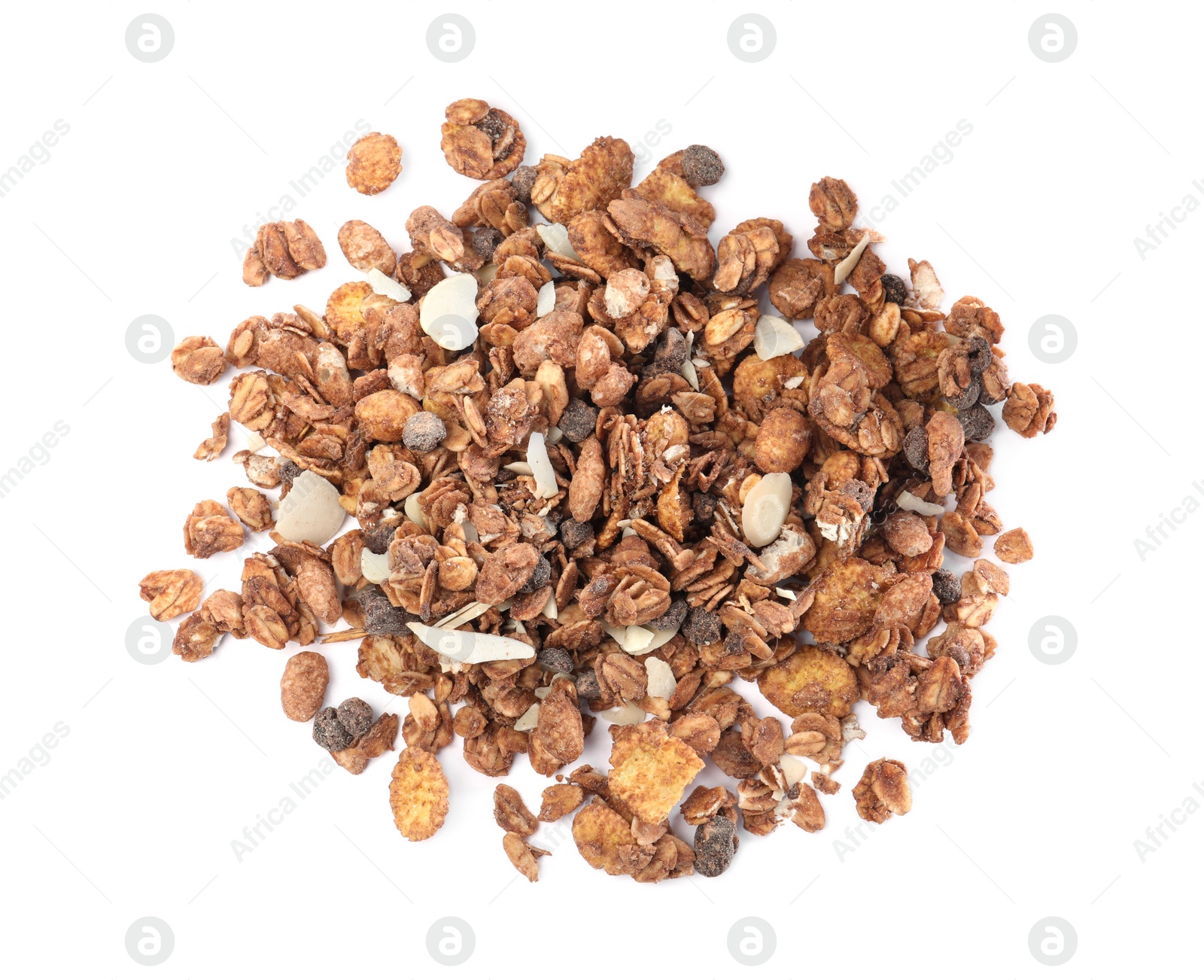 Photo of Pile of granola on white background, top view. Healthy snack