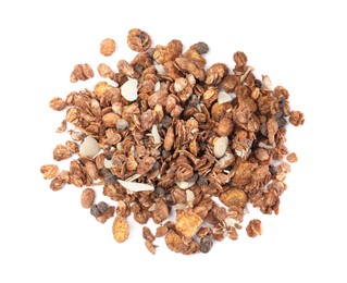 Photo of Pile of granola on white background, top view. Healthy snack