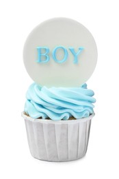 Photo of Beautifully decorated baby shower cupcake for boy with light blue cream and topper on white background
