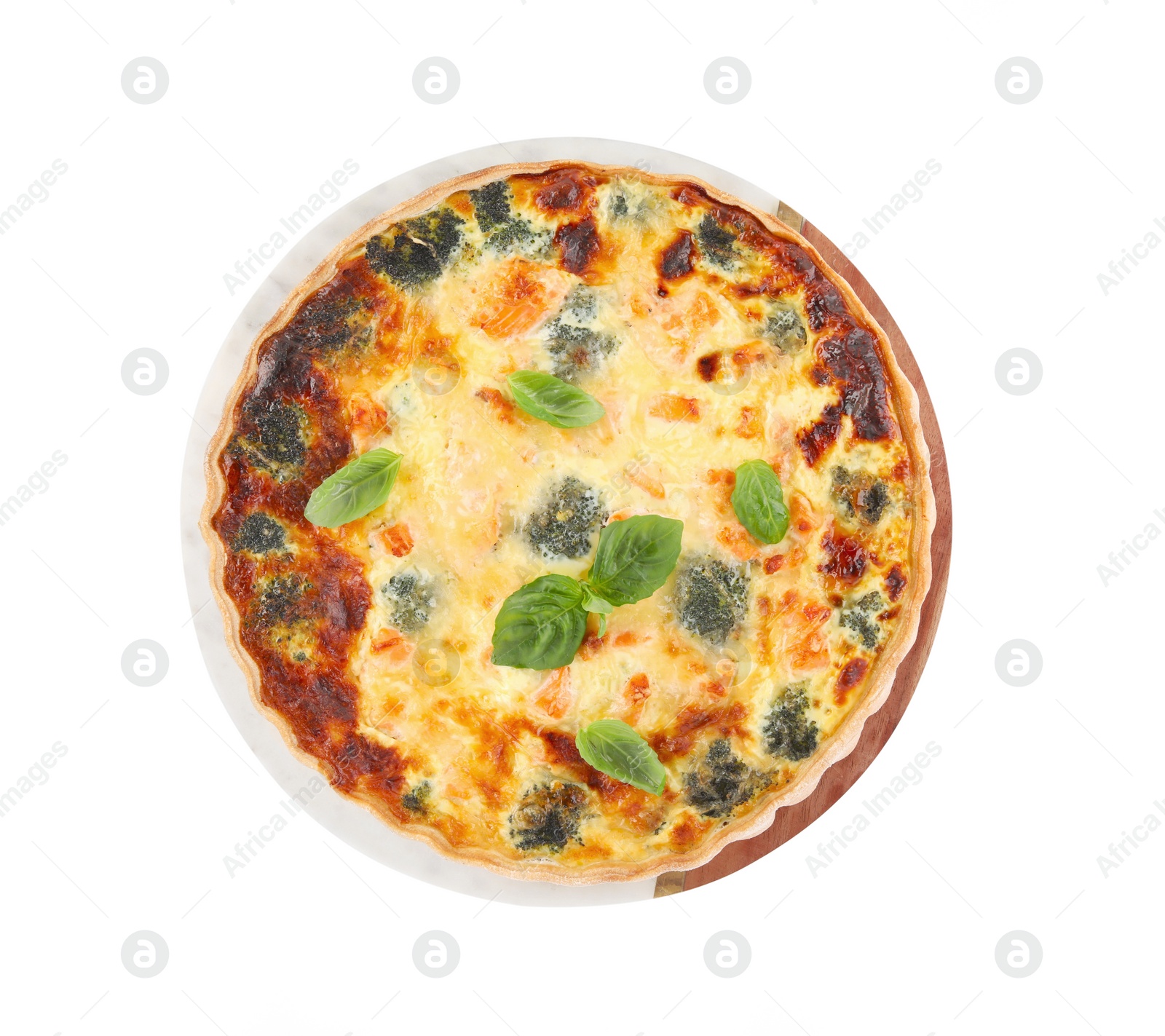 Photo of Delicious homemade quiche with salmon, broccoli and basil leaves isolated on white, top view