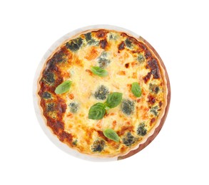 Delicious homemade quiche with salmon, broccoli and basil leaves isolated on white, top view