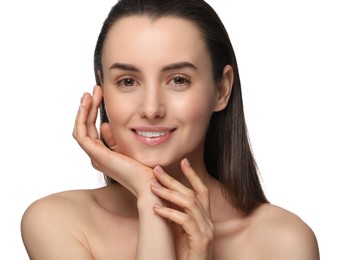 Photo of Portrait of beautiful young woman on white background