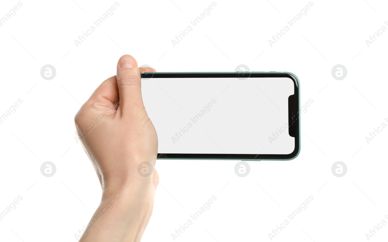 Photo of MYKOLAIV, UKRAINE - JULY 07, 2020: Woman holding iPhone 11 on white background, closeup. Mockup for design