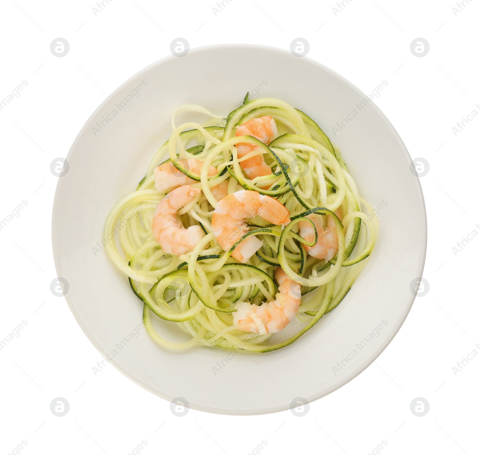 Photo of Delicious fresh zucchini pasta with shrimps on white background, top view