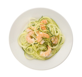 Delicious fresh zucchini pasta with shrimps on white background, top view