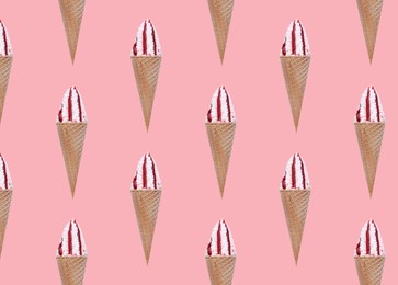 Image of Pattern with ice cream on pastel pink background