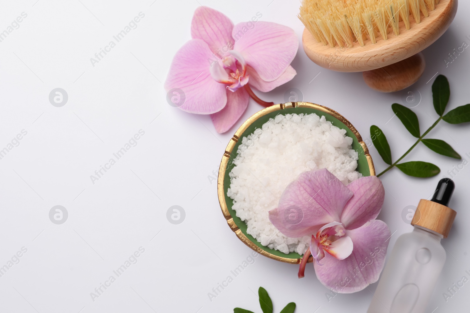 Photo of Flat lay composition with different spa products on white background. Space for text