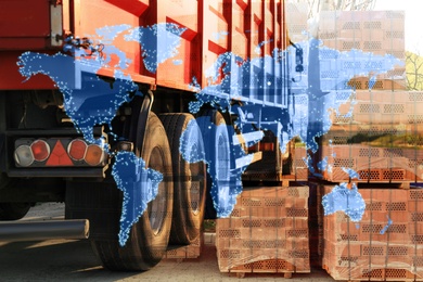 Image of Multiple exposure of truck, stacked bricks and world map. Wholesale concept