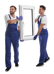 Workers with plastic window on white background. Installation service