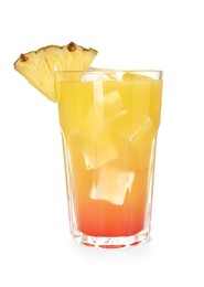 Glass of tasty pineapple cocktail with ice cubes isolated on white