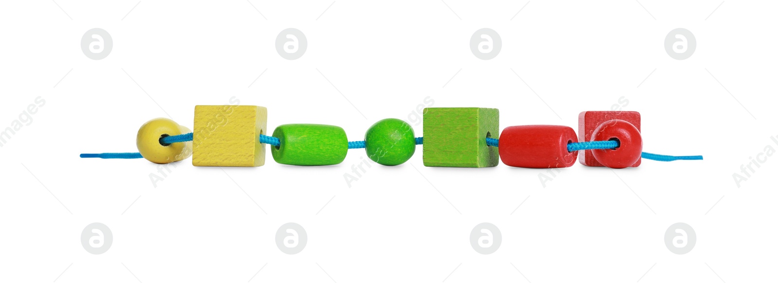 Photo of Wooden pieces and string for threading activity isolated on white. Educational toy for motor skills development