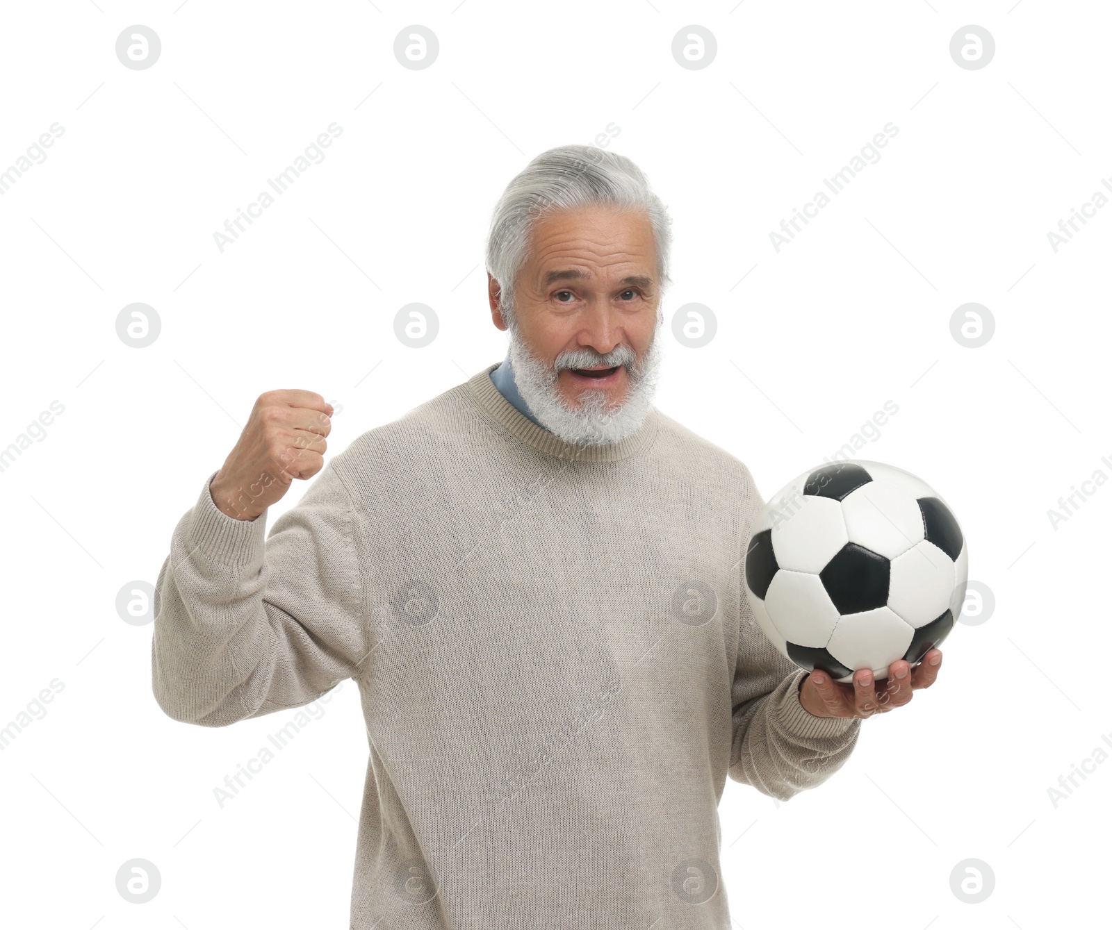 Photo of Emotional senior sports fan with soccer ball isolated on white