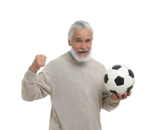 Emotional senior sports fan with soccer ball isolated on white