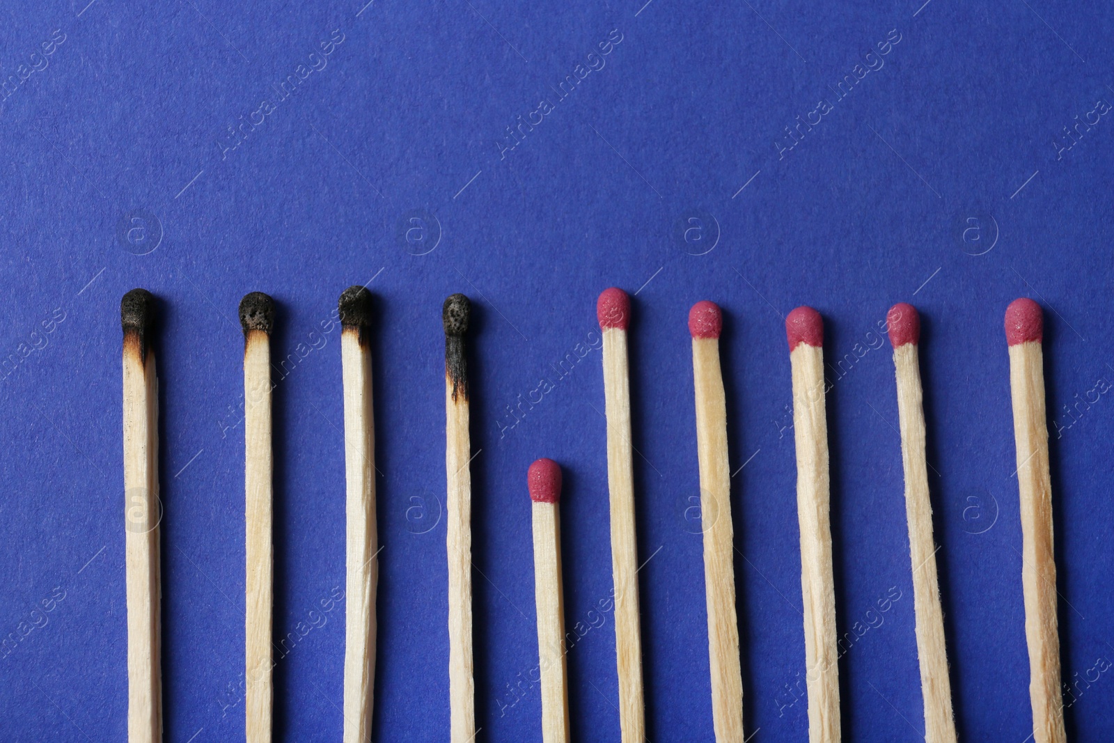 Photo of Burnt and whole matches on blue background, flat lay. Stop destruction concept