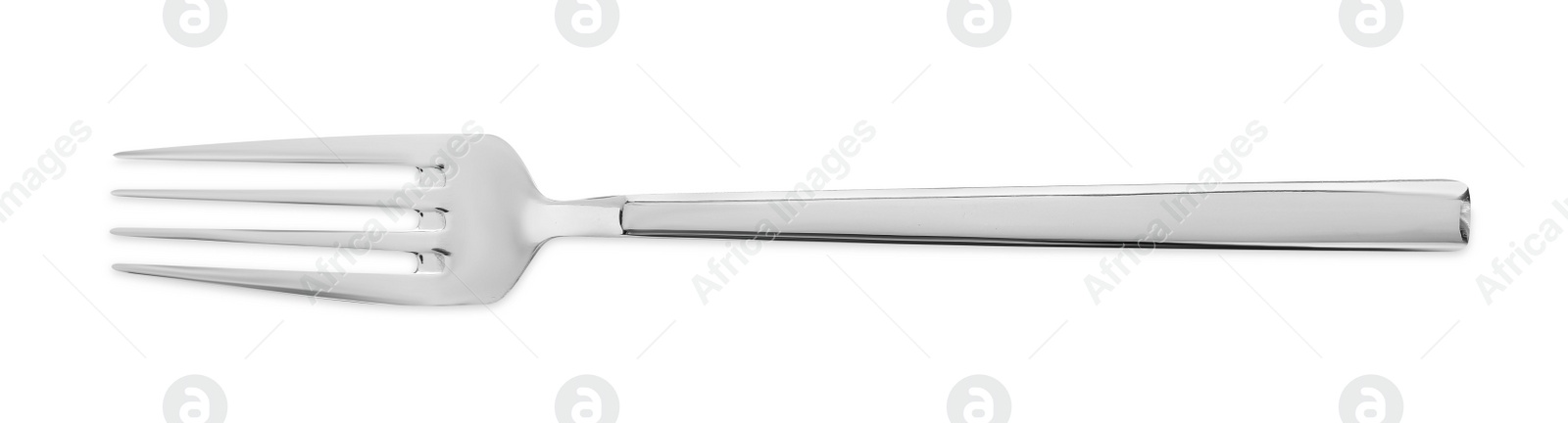 Photo of One shiny metal fork isolated on white, top view