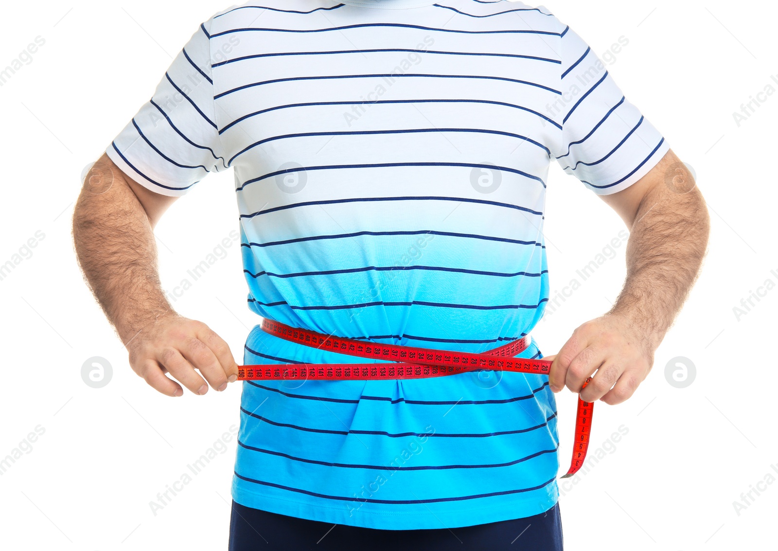 Photo of Overweight man with measuring tape on white background