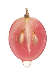 Photo of Natural grape seed oil dripping from berry on white background. Organic cosmetic