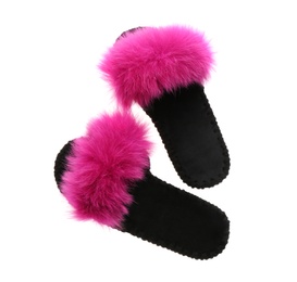 Photo of Pair of soft open toe slippers with pink fur on white background, top view