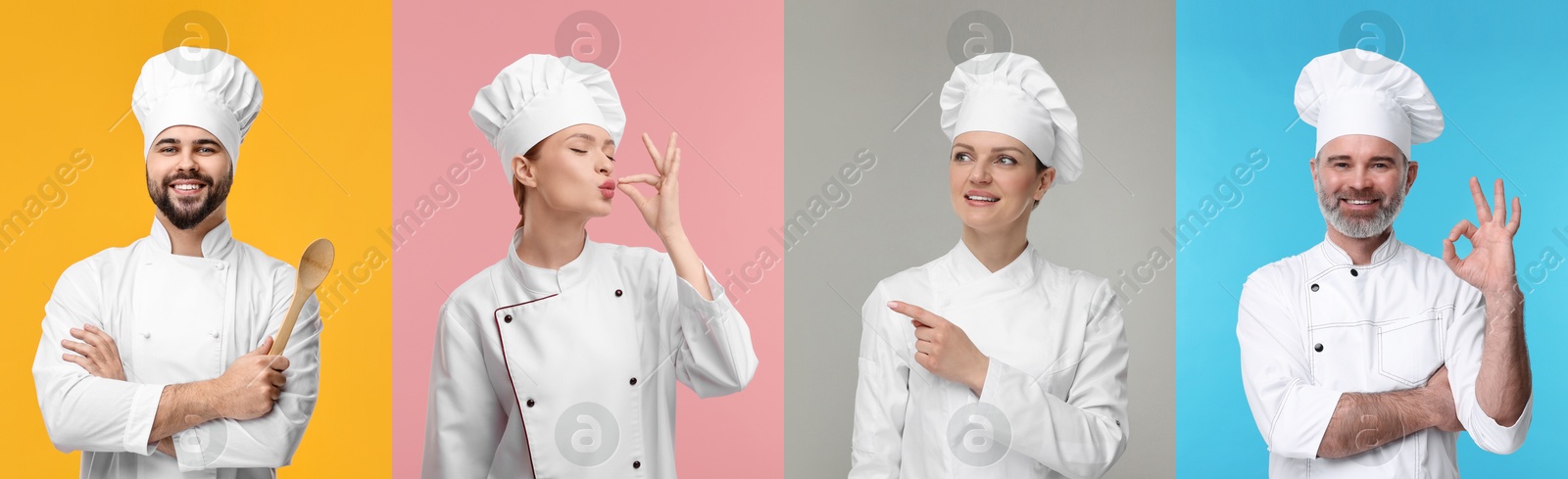 Image of Collage with photos of professional chefs on different color backgrounds