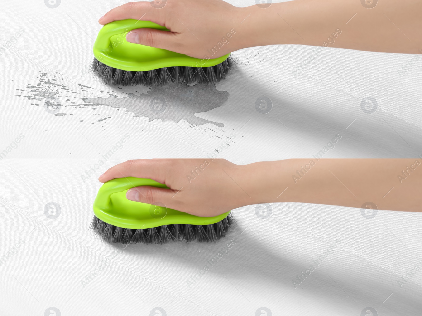 Image of Woman cleaning white mattress with brush, closeup. Collage with photos before and after cleaning