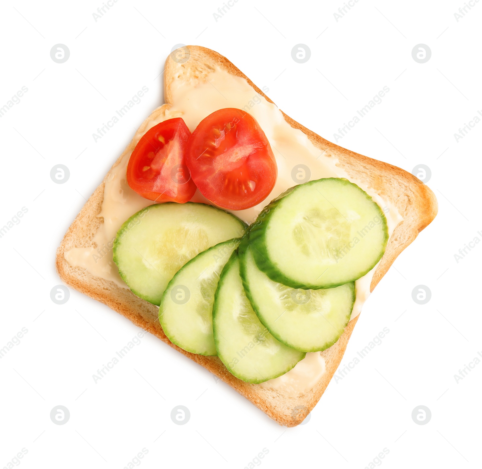 Photo of Slice of bread with spread and vegetables on white background, top view