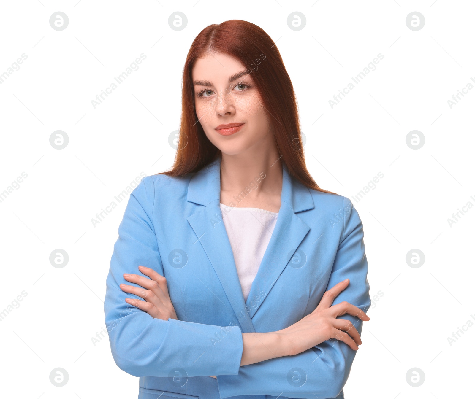 Photo of Portrait of beautiful businesswoman with crossed arms on white background