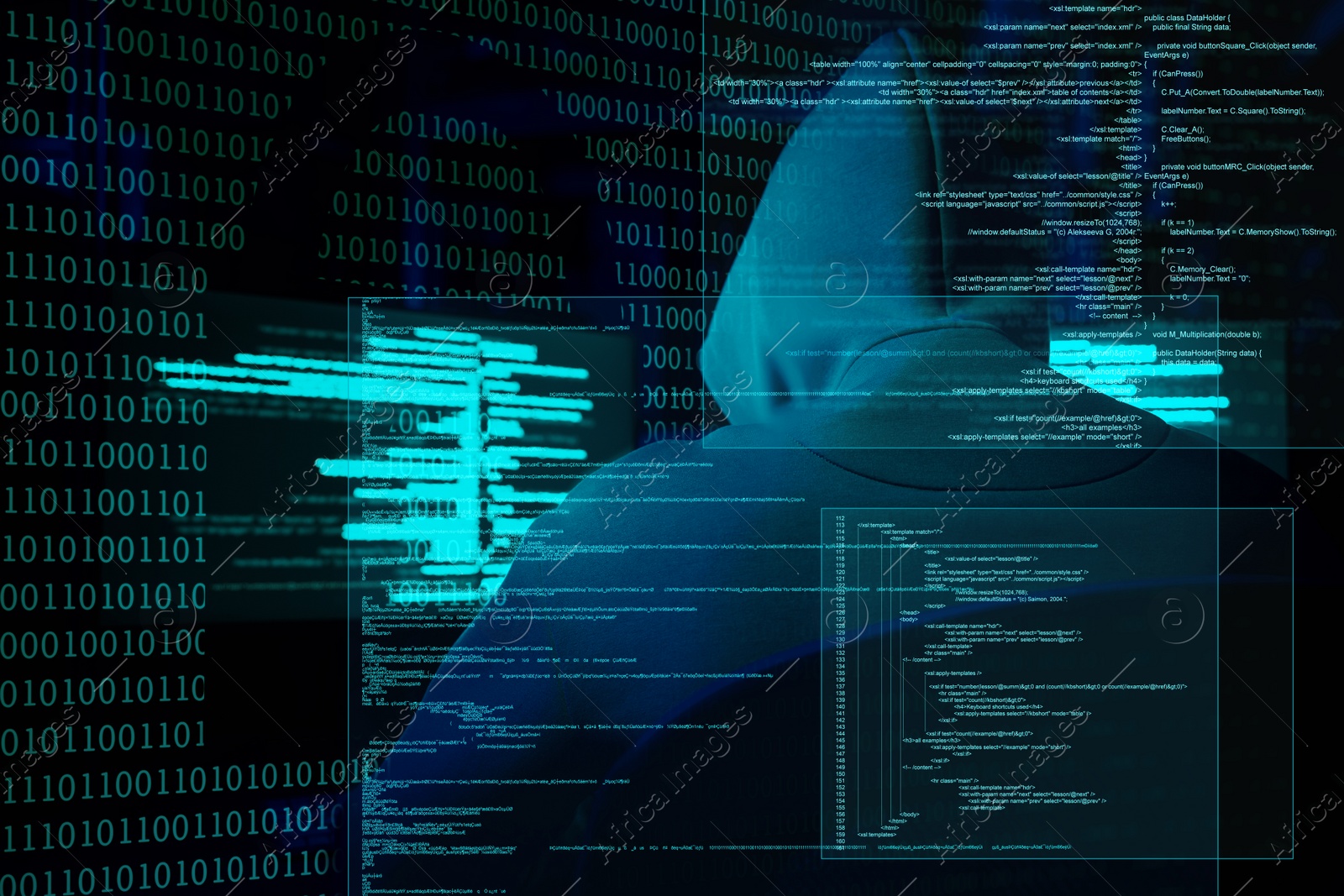 Image of Cyber attack. Hacker working with computers on dark background. Different codes, illustration of lock and virtual screens near him