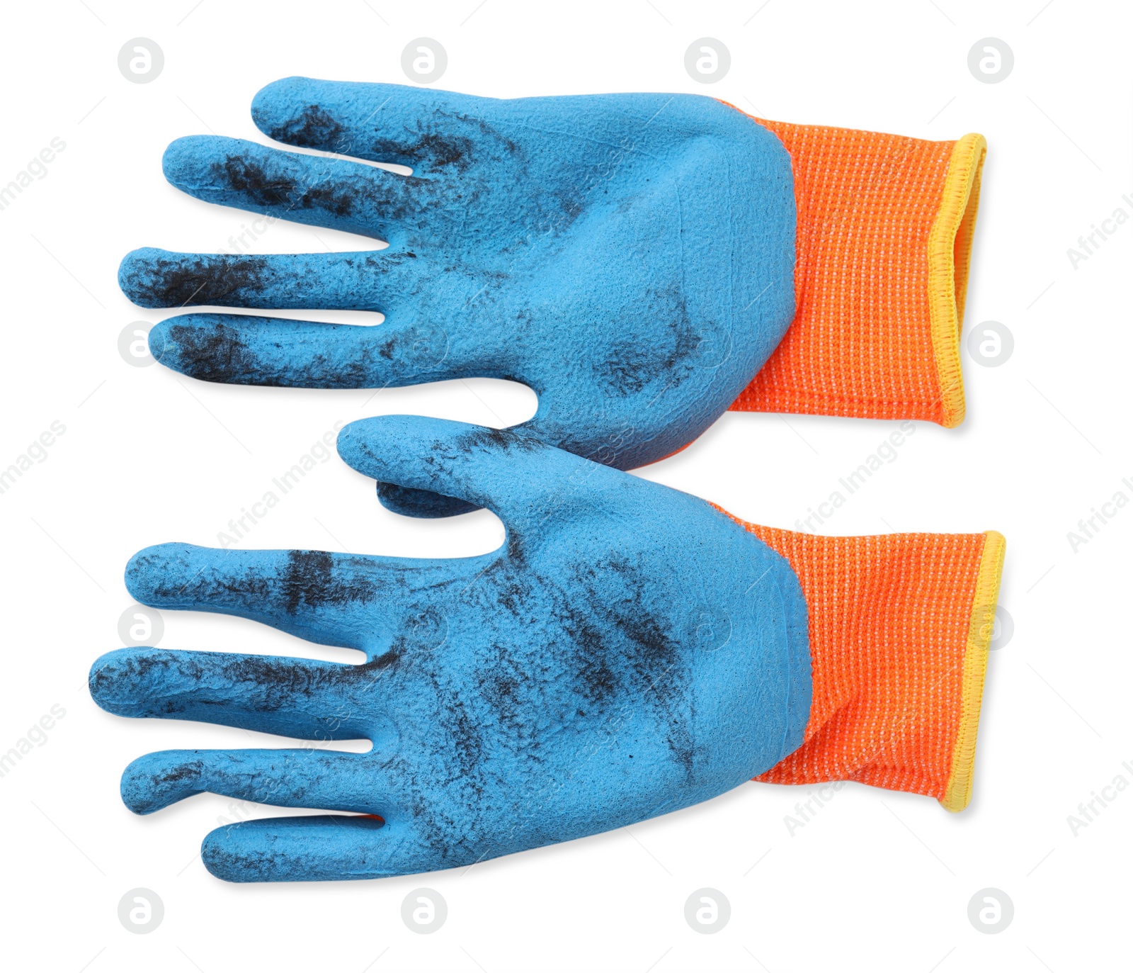 Photo of Pair of color gardening gloves isolated on white, top view