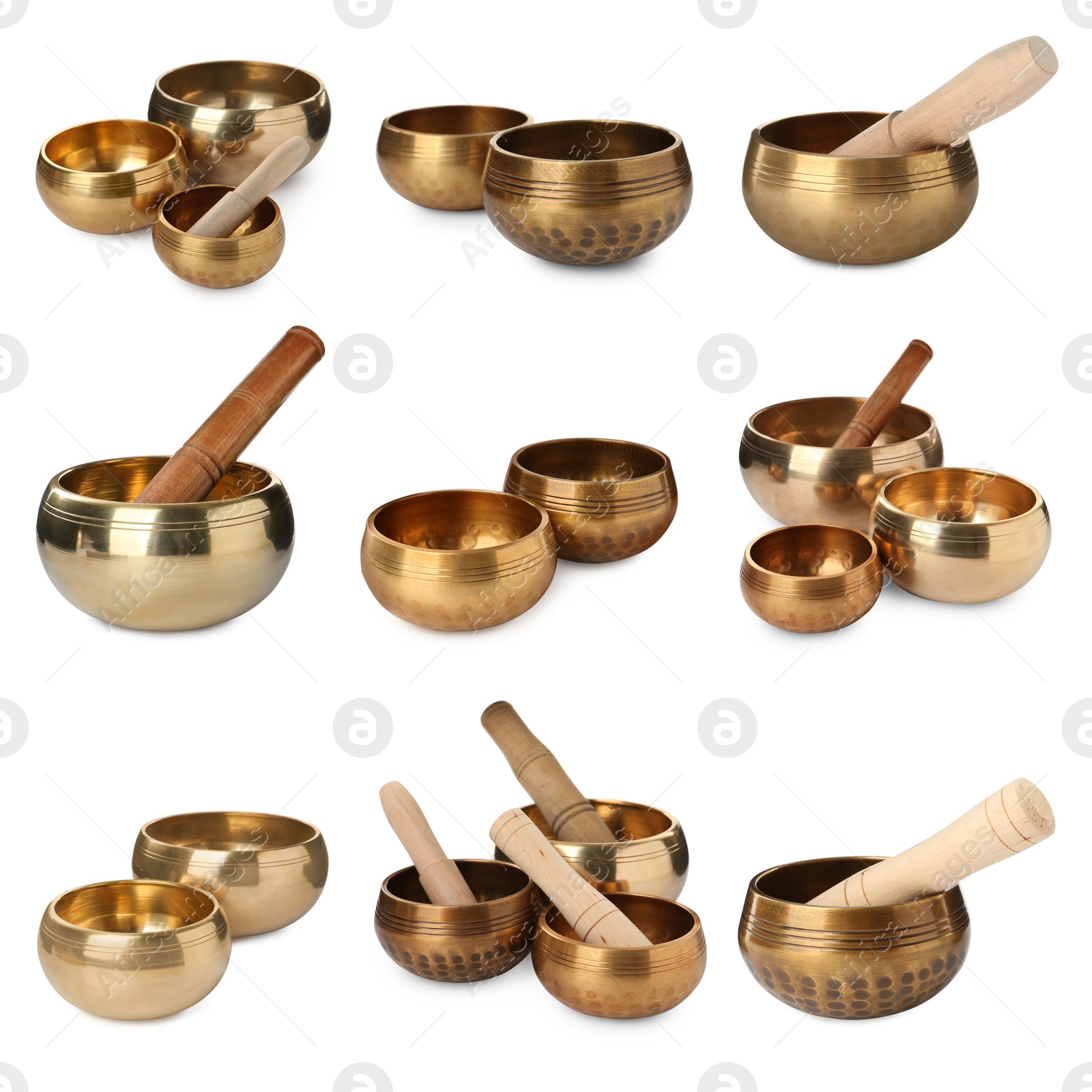 Image of Set with Tibetan singing bowls on white background