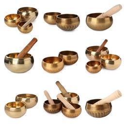 Image of Set with Tibetan singing bowls on white background