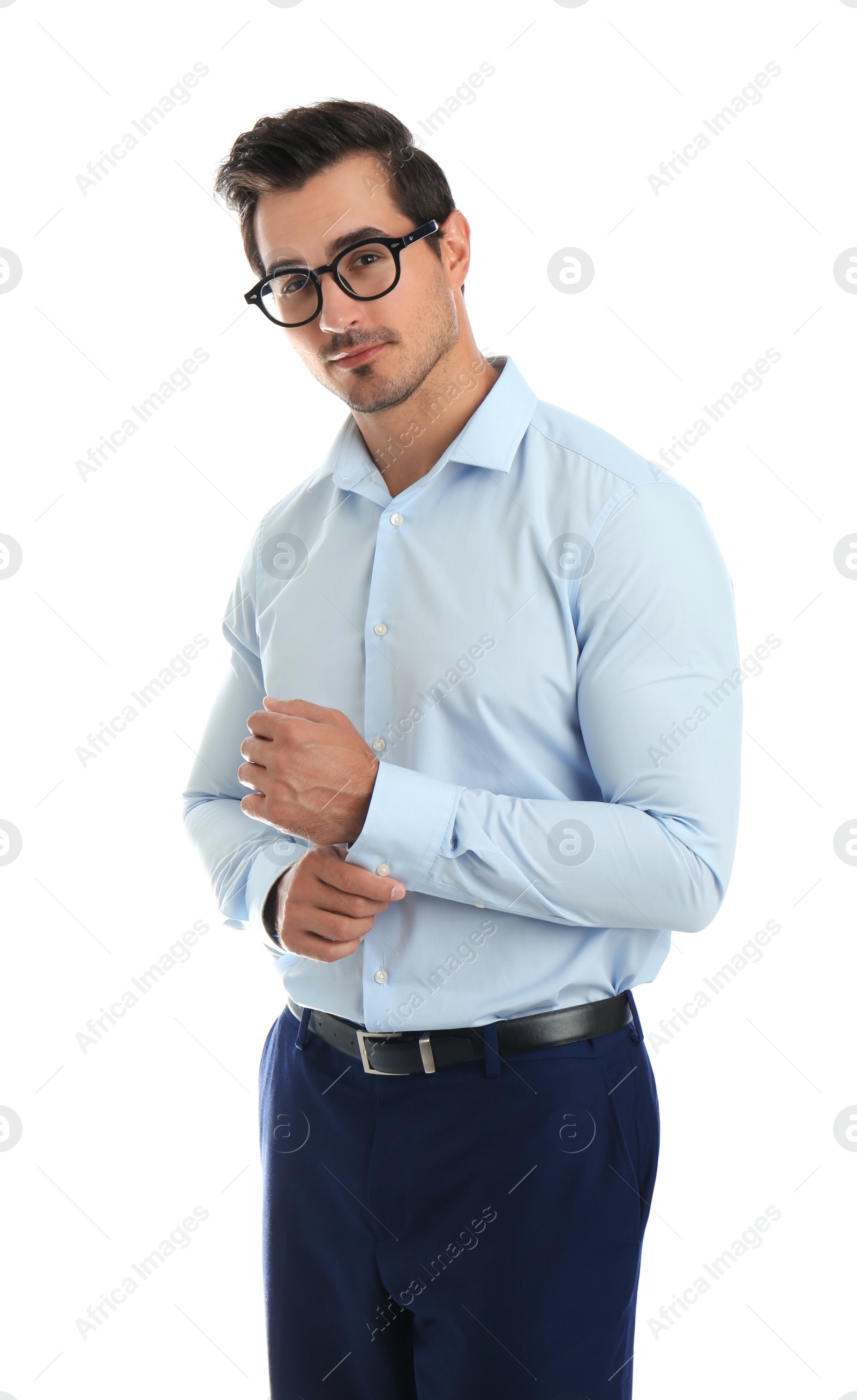 Photo of Young man with glasses on white background