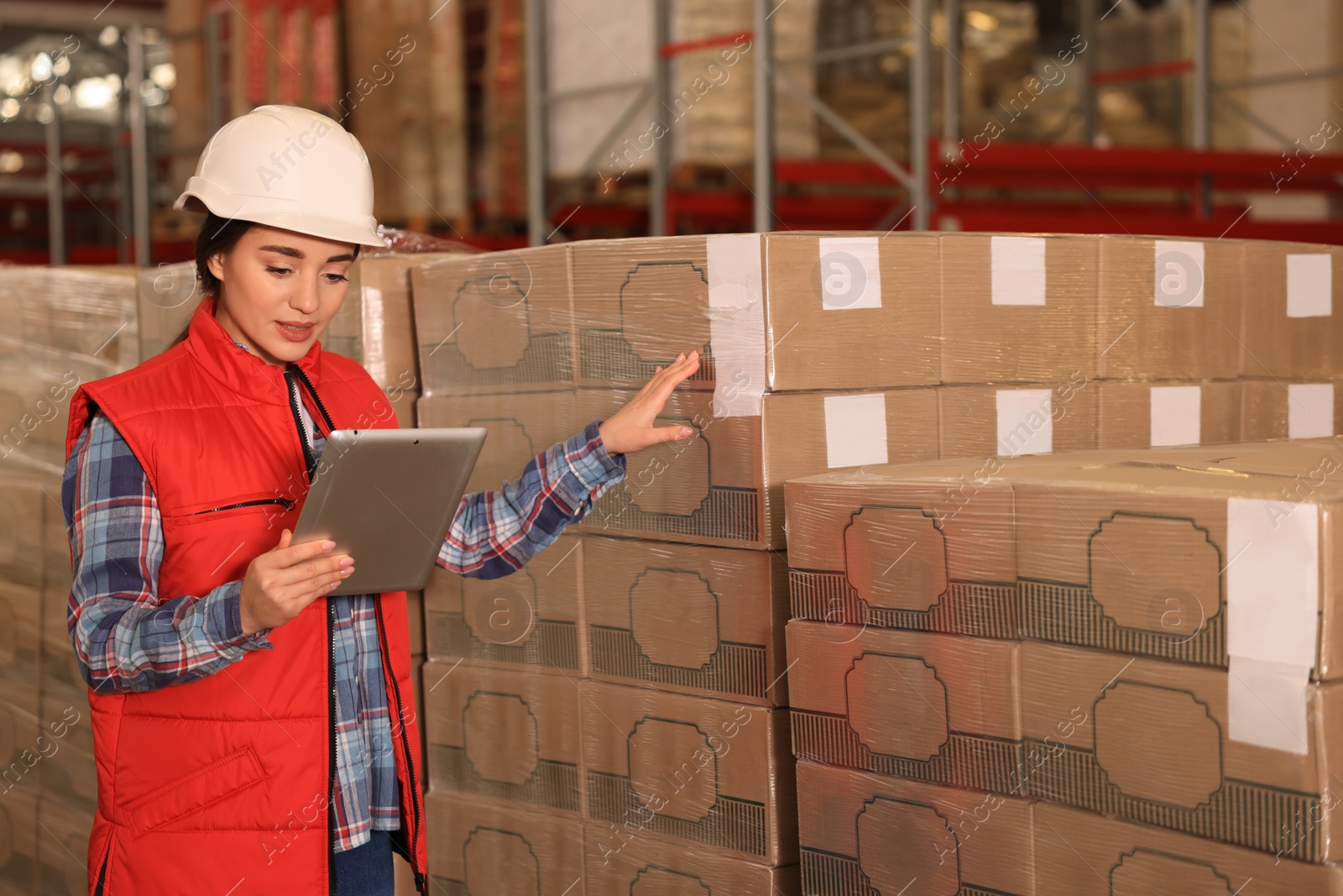 Image of Woman with tablet working at warehouse. Logistics center