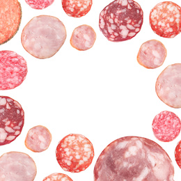 Image of Frame made of cut fresh sausage on white background, top view. Space for design