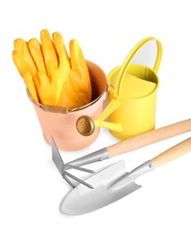Photo of Watering can and gardening tools on white background