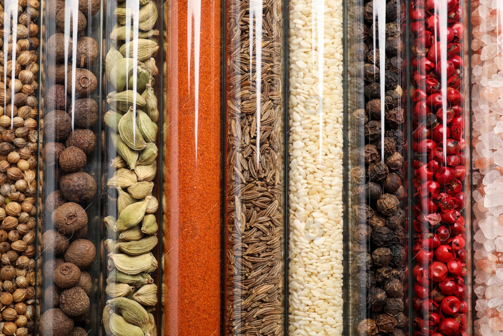 Photo of Glass tubes with different spices, closeup view