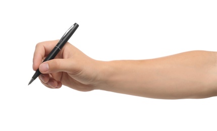 Photo of Young man holding pen on white background, closeup