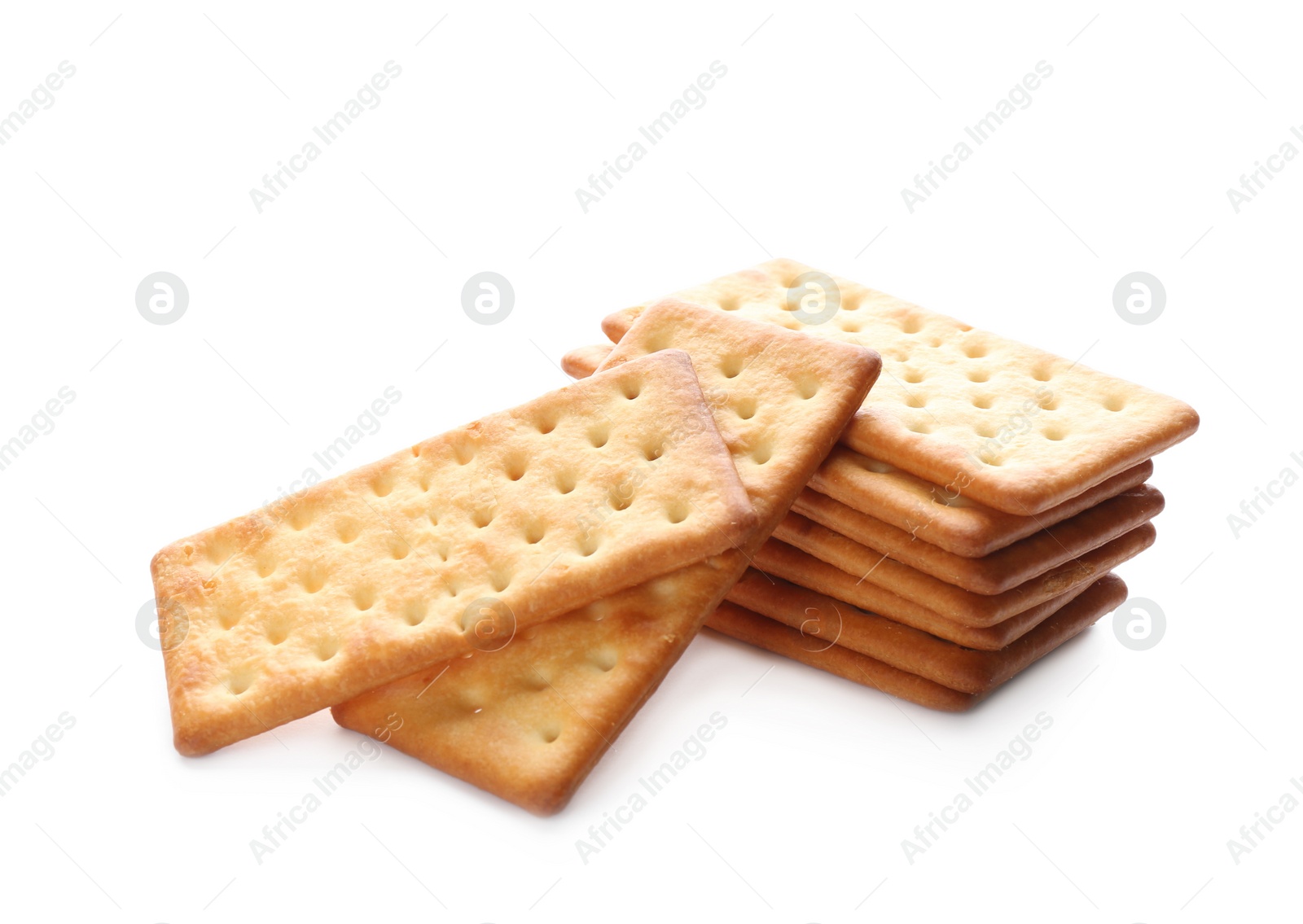 Photo of Stack of delicious crispy crackers isolated on white