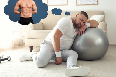 Image of Overweight man dreaming about muscular body while having break in training. Weight loss concept