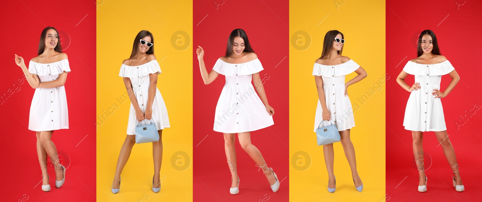 Image of Collage with photos of different young women wearing same dress on bright backgrounds