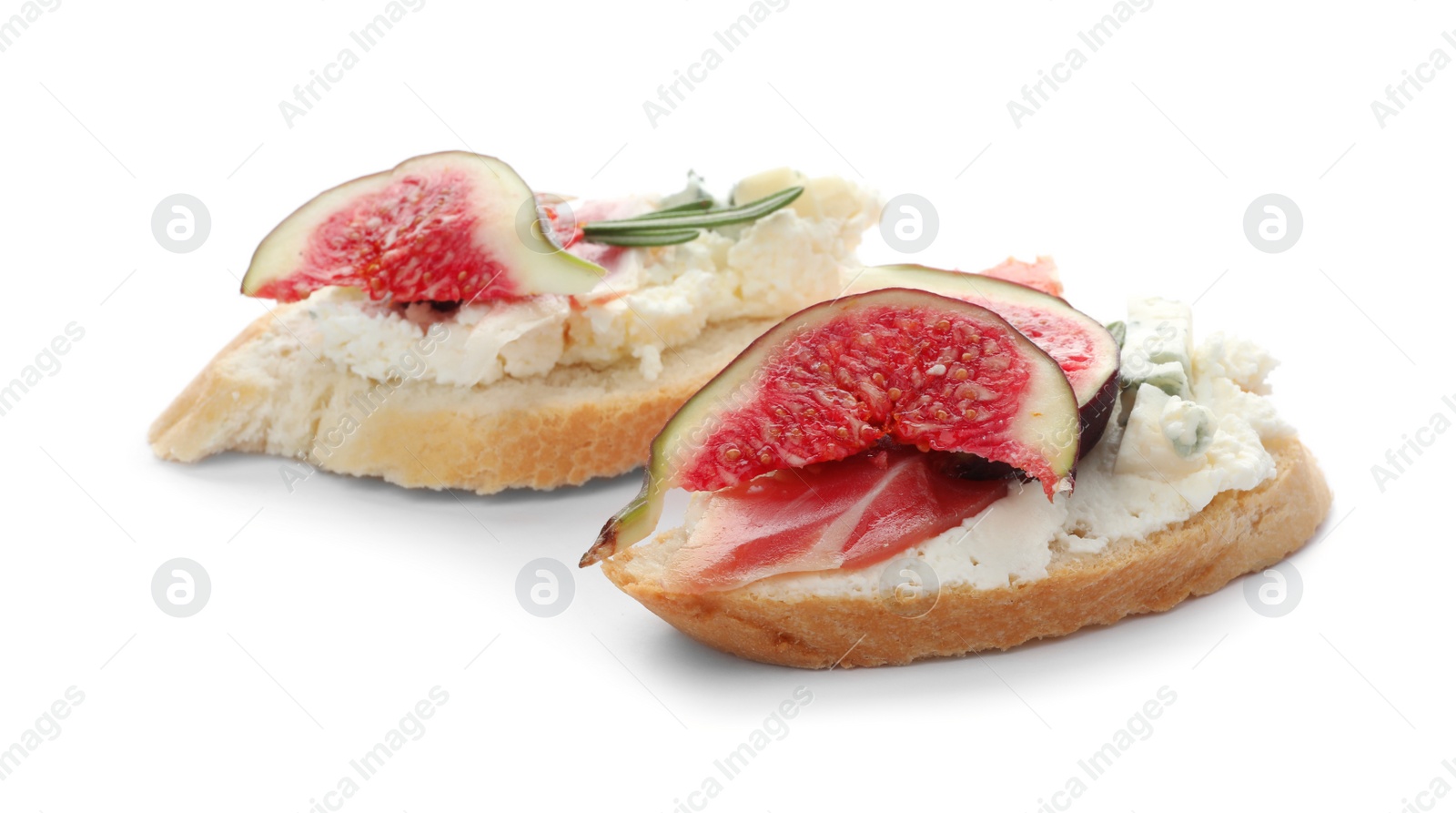 Photo of Sandwiches with ripe figs, prosciutto and cream cheese on white background