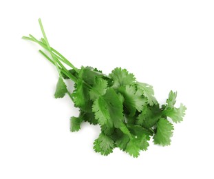 Photo of Fresh green coriander leaves on white background, top view