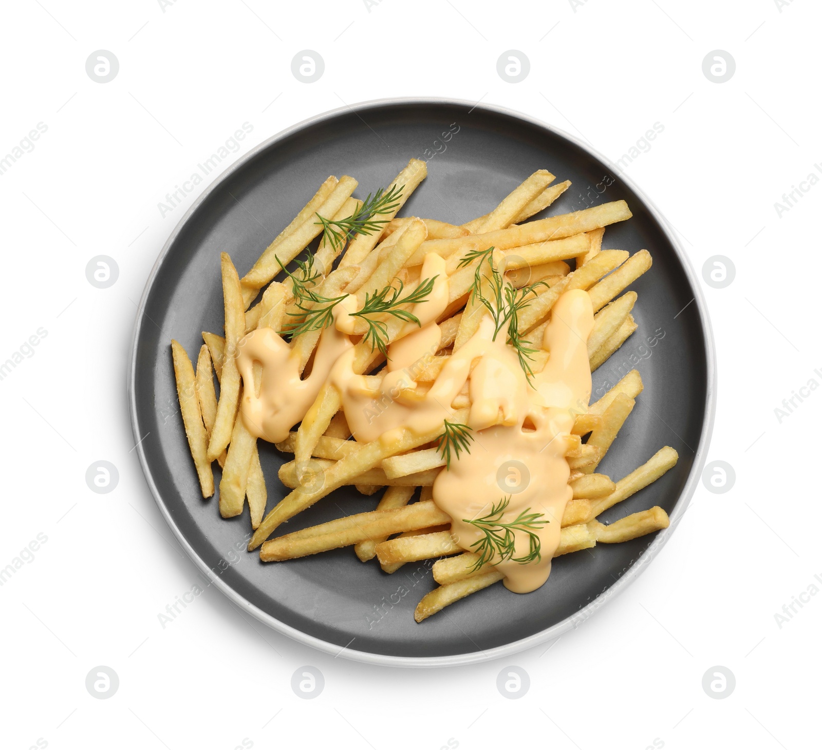 Photo of Delicious french fries with cheese sauce and dill isolated on white, top view