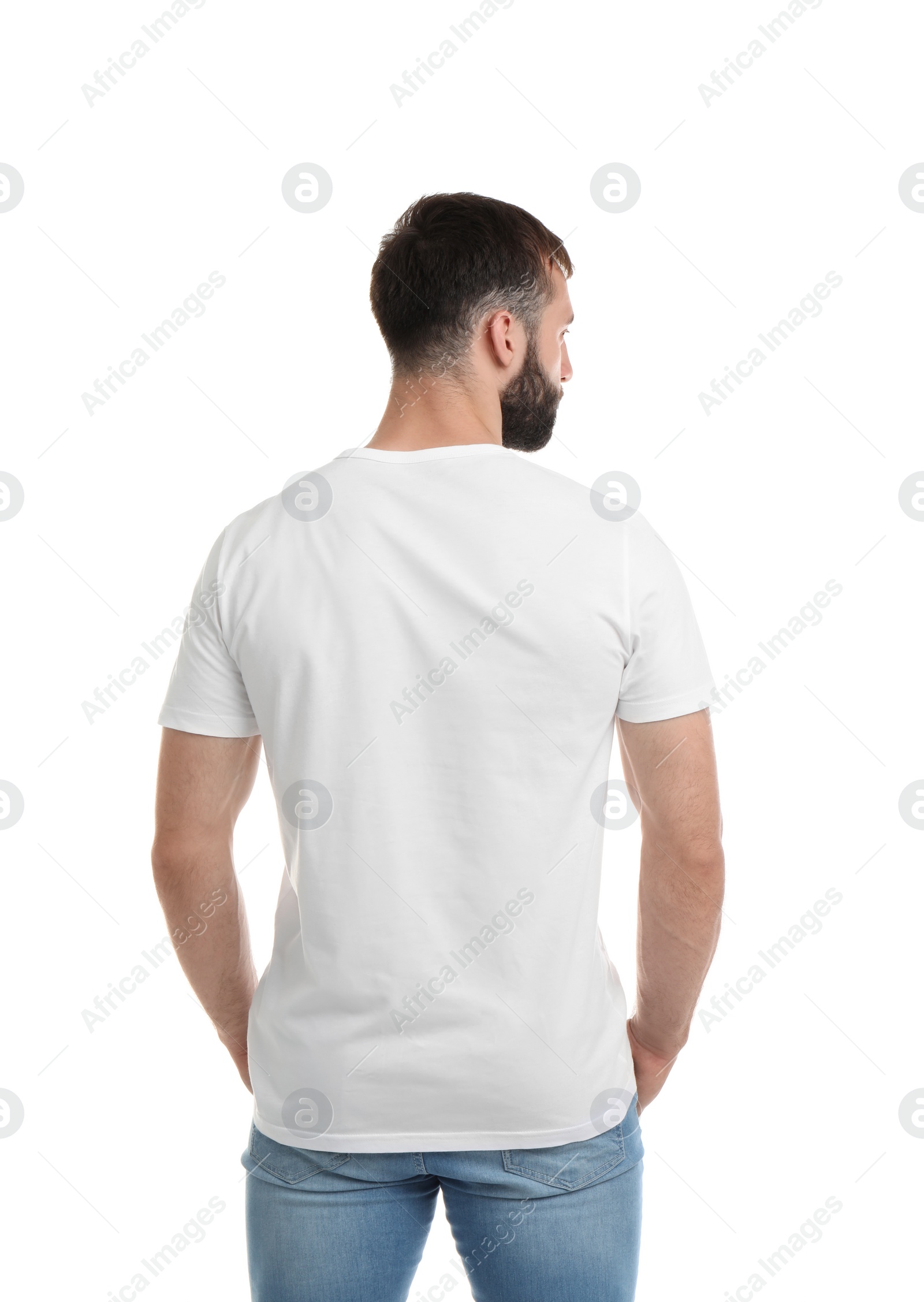 Photo of Young man in t-shirt on white background. Mockup for design