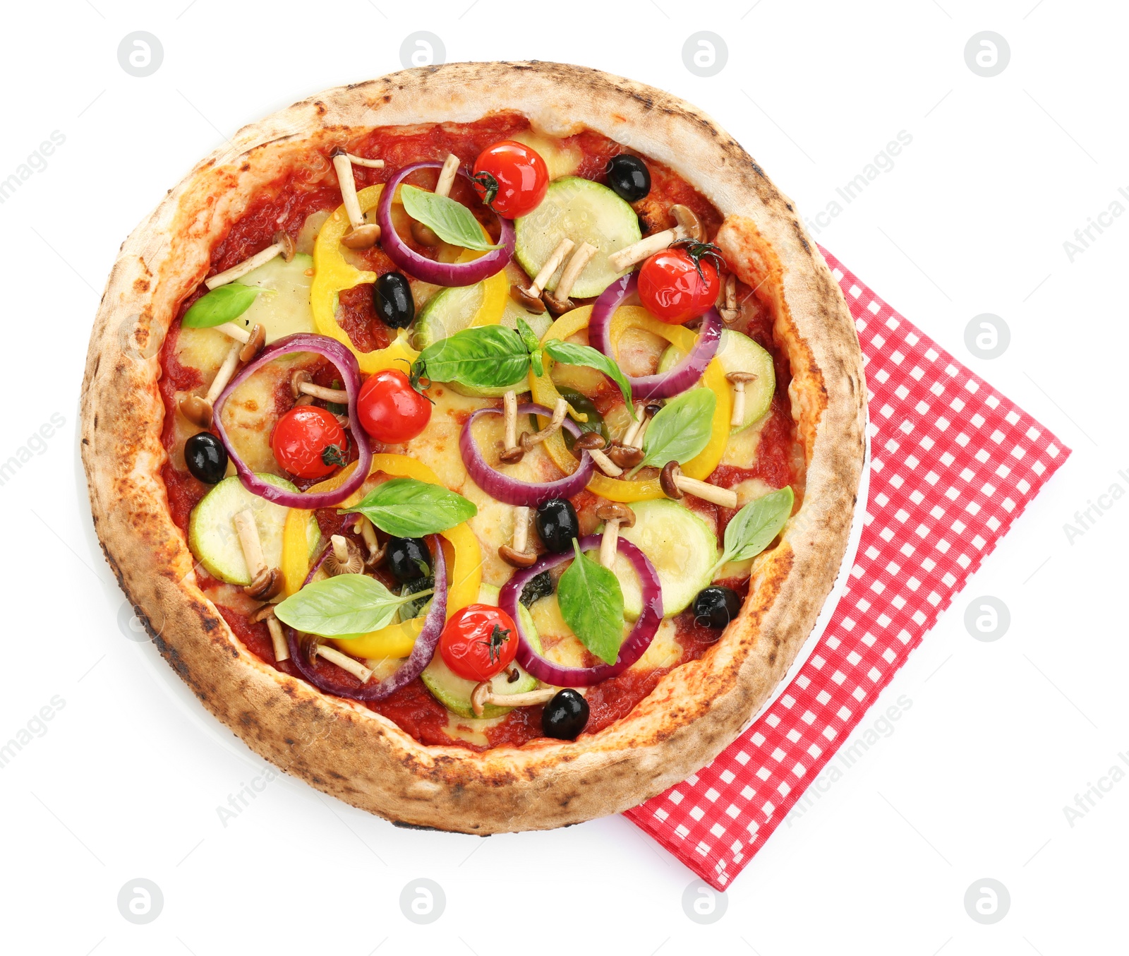 Photo of Delicious hot vegetable pizza on white background, top view