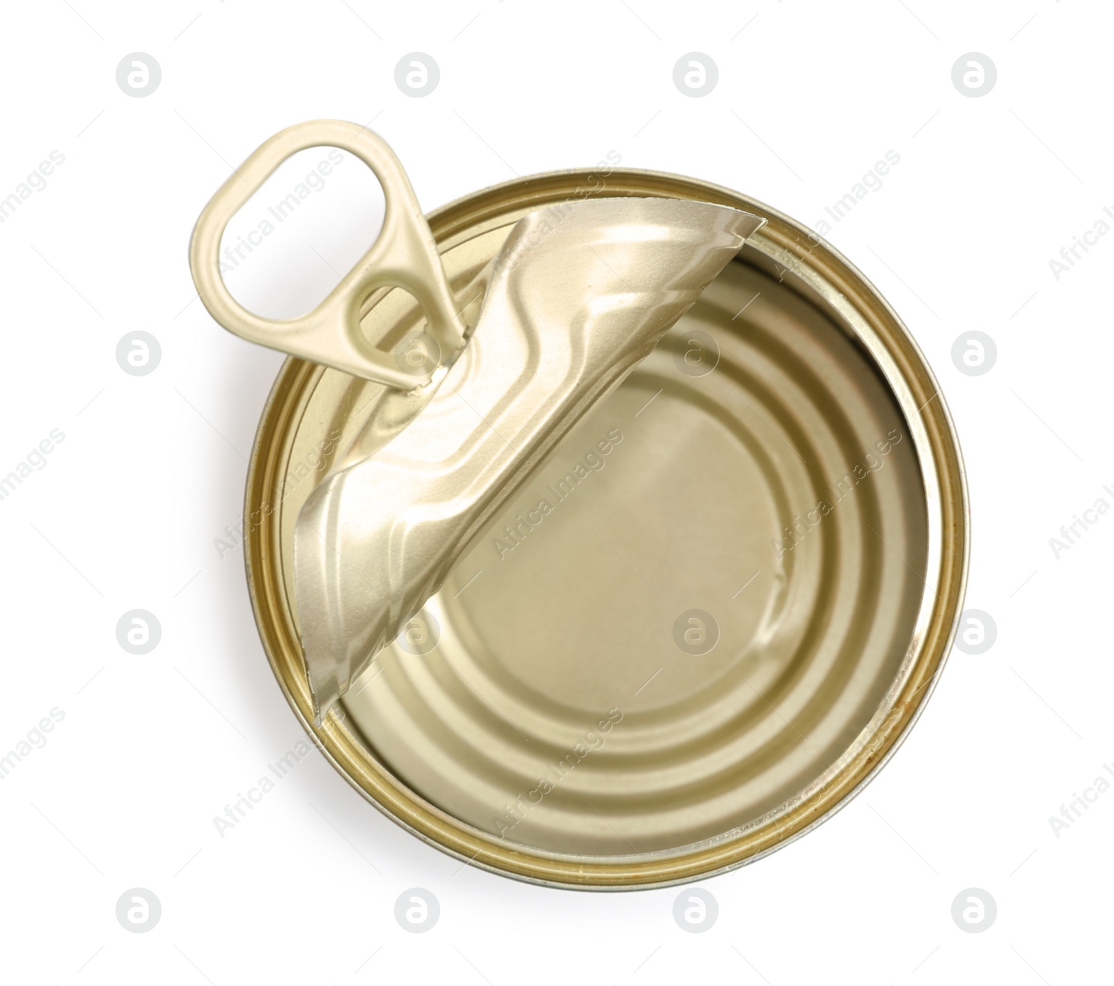 Photo of Open tin can isolated on white, top view