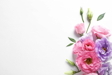 Flat lay composition with beautiful Eustoma flowers on light background